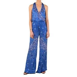 Poupette St Barth Jena Jumpsuit Small Blue Floral Batik Satin Tropical Boho NEW